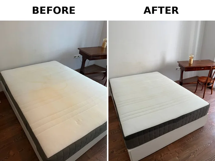 Double mattress with heavy yellow staining, and the same mattress after extraction cleaning