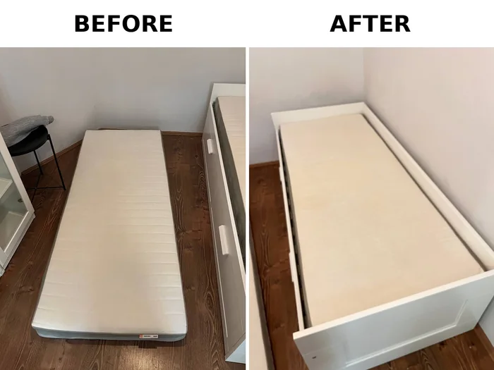 Single mattress before and after cleaning, shown on the bed frame