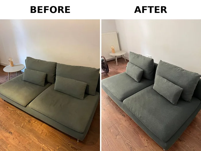 Green fabric sofa before and after hot-water extraction, Budapest flat