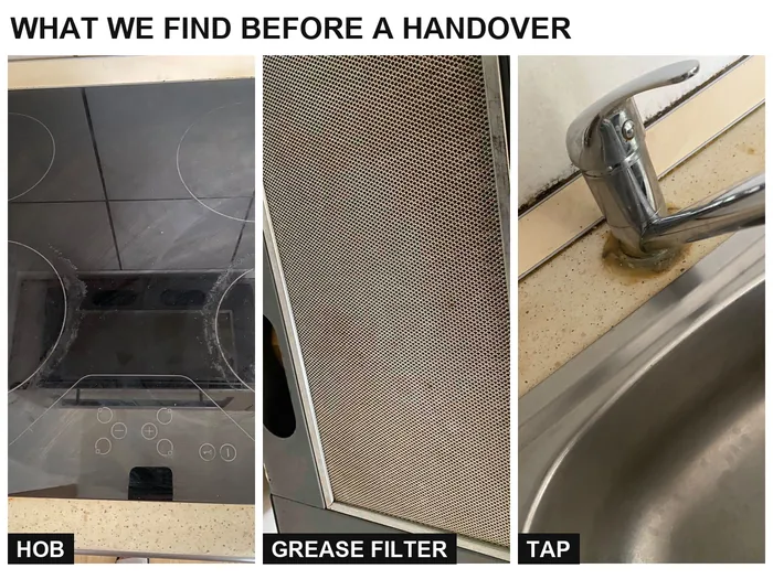 Three Budapest kitchen details before cleaning: a crusted hob, a greased-up extractor filter and buildup at the base of the tap