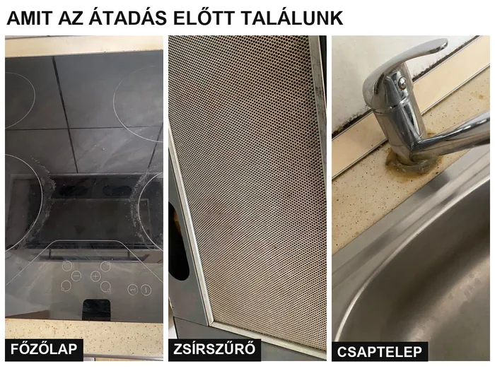 Három budapesti konyharészlet takarítás előtt: bekérgesedett főzőlap, elzsírosodott páraelszívó-szűrő és lerakódás a csaptelep tövében